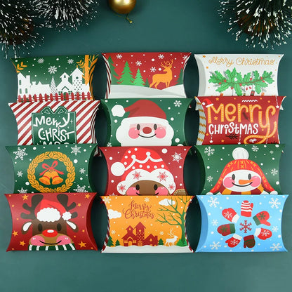 24/12pcs Christmas Pillow Shape Candy Box Merry Christmas Kraft Paper Gift Box Packging Kids Favors Happy New Year Navidad 2025