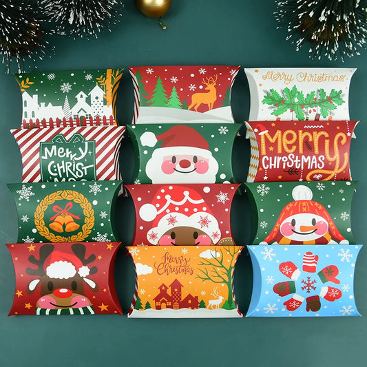 24/12pcs Christmas Pillow Shape Candy Box Merry Christmas Kraft Paper Gift Box Packging Kids Favors Happy New Year Navidad 2025