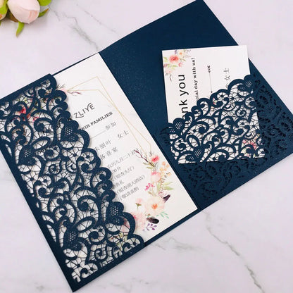 1pcs White Red Black Pink Navy Blue Laser Cut trifold Wedding Invitation Cards 3 fold Personalized Pocket Invite Customized RSVP