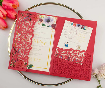 1pcs White Red Black Pink Navy Blue Laser Cut trifold Wedding Invitation Cards 3 fold Personalized Pocket Invite Customized RSVP