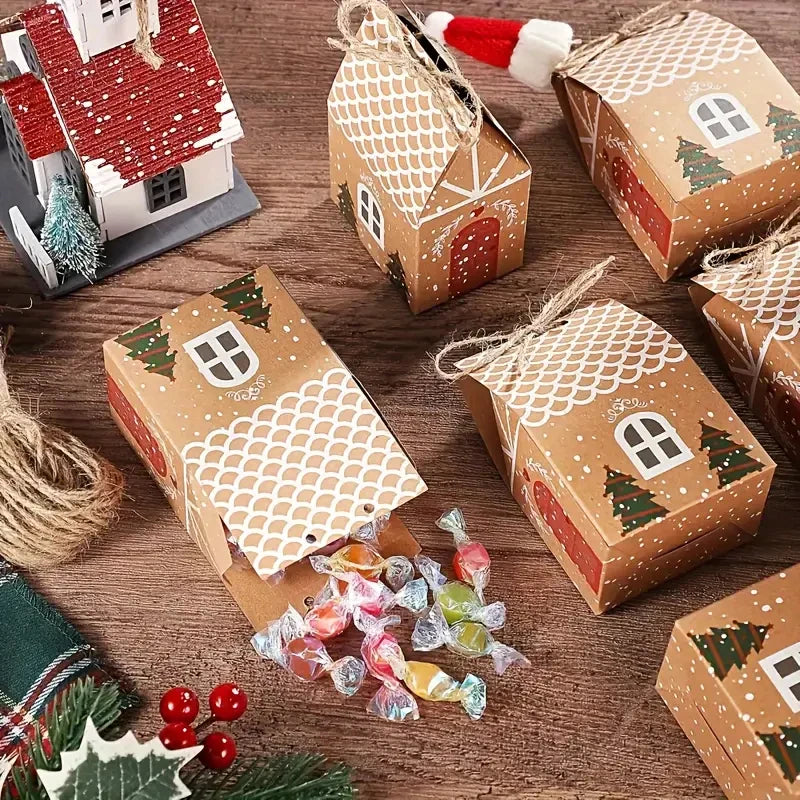 20/10pc Christmas Candy Box House-shaped Kraft Paper Gift Bag for Cookie Pack with Twine Festival Party Favors Xmas Tree Decor