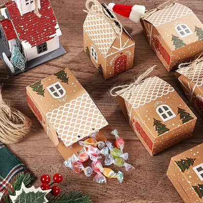 20/10pc Christmas Candy Box House-shaped Kraft Paper Gift Bag for Cookie Pack with Twine Festival Party Favors Xmas Tree Decor