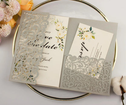 1pcs White Red Black Pink Navy Blue Laser Cut trifold Wedding Invitation Cards 3 fold Personalized Pocket Invite Customized RSVP